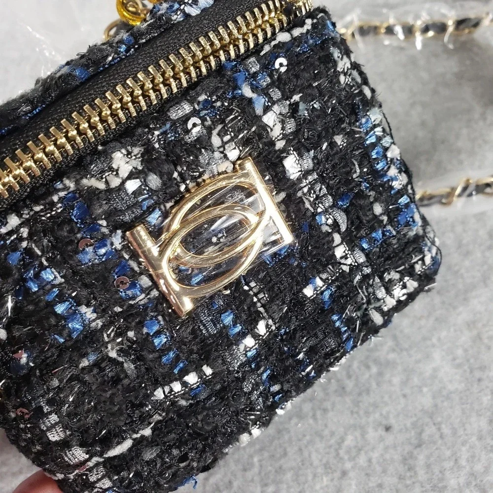 bebe Womens Crossbody Kamala Mini Tweed SQ Crossbody OS Black Blue Sequin Vanity